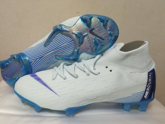 Nike Mercurial Superfly VI Academy MG Cleat White Blue High Cut - soccerstory